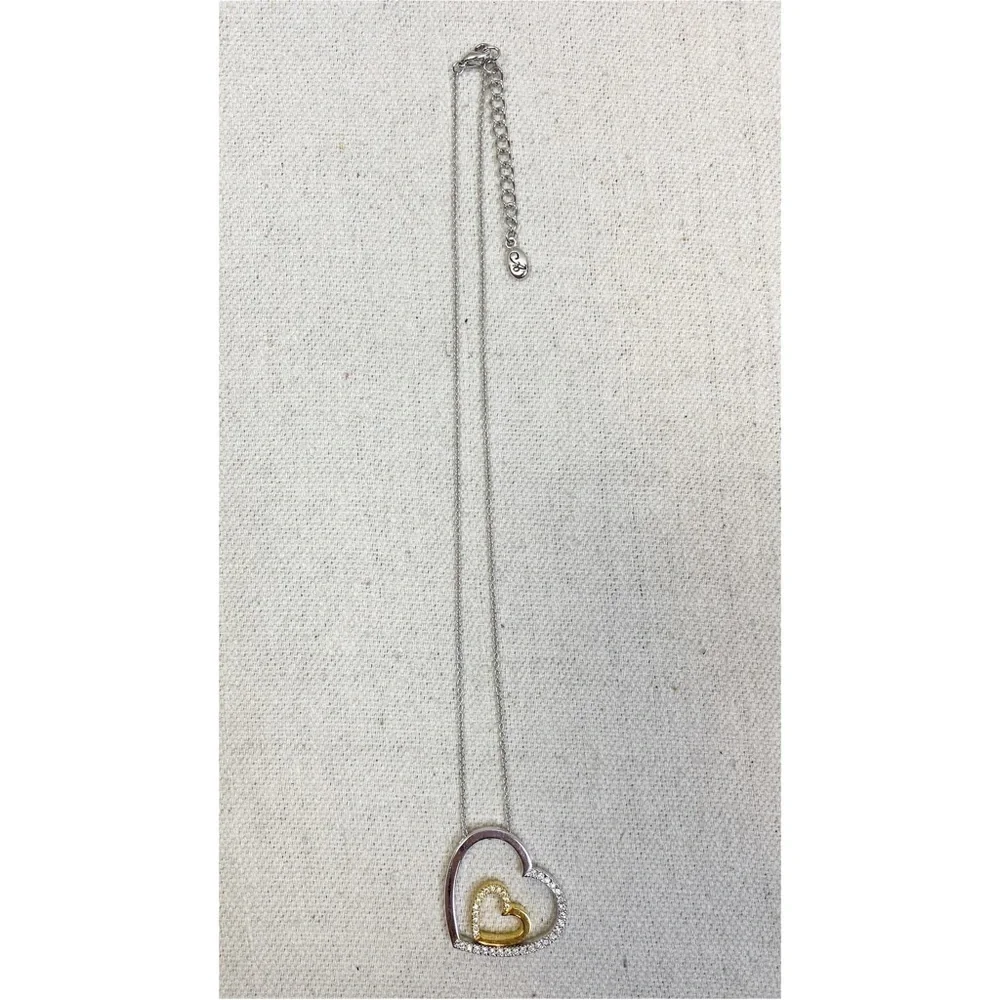 Two tone gold silver open double heart necklace with clear rhinestones